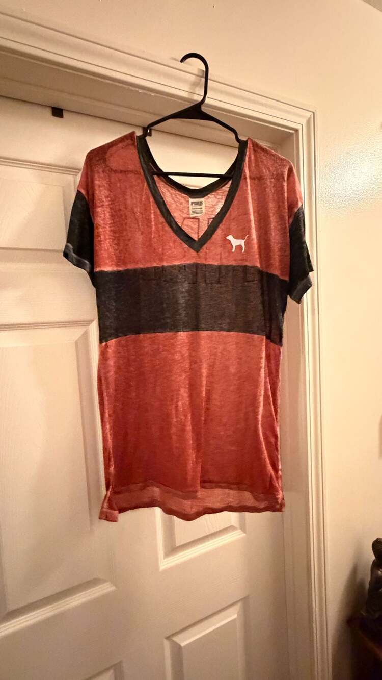 PINK Victoria's Secret Burnout V-Neck T-Shirt with Large Back Spell-Out Logo